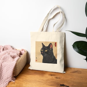 Katsushika Hokusai Style Black Cat Tote Bag, Japanese Aesthetic Canvas Tote, Vintage Woodblock Print Inspired Art Gift for Cat Lovers