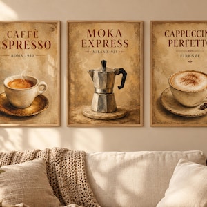 Coffee Bar Wall Art Set of 3| Vintage Italian Coffee Print| Espresso Moka Pot Kitchen Posters.