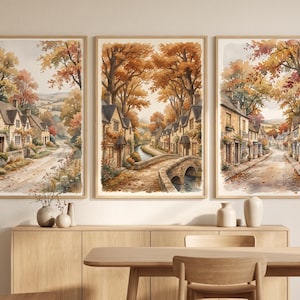 Set van 3 aquarelprints van een herfstdorpje, Engelse cottage muurdecoratie, digitale download