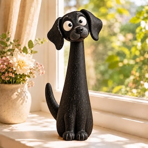 May include: A tall, black dog figurine with a long neck, floppy ears, and large, wide-set eyes. The sculpture features a textured surface, a pointed tail, and a seated posture, crafted with a whimsical, elongated design and a matte finish.