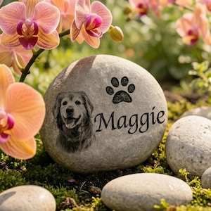 Peut inclure: Une pierre commémorative gris clair lisse présentant un portrait gravé en noir détaillé d'un chien, une icône de patte et le nom Maggie en écriture cursive, placée parmi des fleurs d'orchidées roses et des pierres plus petites.