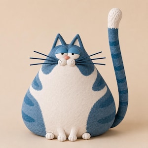 Peut inclure: Une figurine de chat ronde avec un motif rayé bleu et blanc texturé. Le chat a un corps large en forme de poire, une longue queue dressée avec des bandes bleues, des paupières tombantes, un petit nez rose et de longues moustaches bleu foncé.