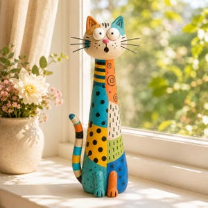 May include: A whimsical, colorful cat figurine with an elongated neck and surprised expression. The cat's body is a patchwork of blue, yellow, orange, and green, with black polka dots and star accents. The tail is striped, and the cat is sitting on a windowsill.
