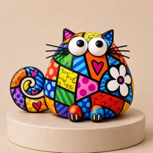 Puede incluir: Una figura de gato rechoncha con un vibrante patrón de mosaico multicolor de formas geométricas, lunares y corazones. El gato tiene ojos blancos grandes y separados, bigotes negros y un diseño de flor blanca en el costado.