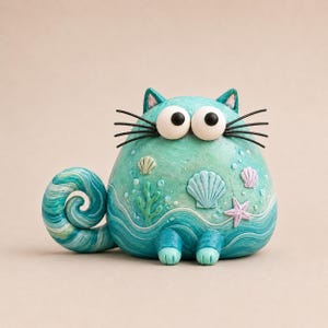Può includere: Una stravagante statuetta a forma di gatto turchese con grandi occhi sporgenti e baffi neri. Il gatto è decorato con conchiglie e stelle marine, e linee blu ondulate che suggeriscono l'acqua. La coda arricciata aggiunge un tocco giocoso.