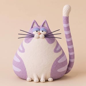 Puede incluir: Una figura de gato rechoncha con una superficie texturizada, que presenta un patrón de rayas en color lila claro y crema. El gato tiene un cuerpo ancho, una cola larga y erguida con rayas moradas, párpados caídos, una pequeña nariz rosa y largos bigotes negros.