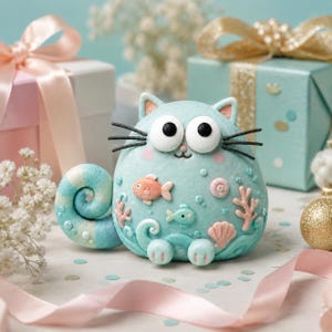 Puede incluir: Una figura de gato azul claro con grandes ojos blancos y bigotes negros. El cuerpo está decorado con pequeños peces rosas y naranjas, corales y conchas marinas. Tiene una cola enroscada y dos pequeñas patas delanteras de acabado mate.