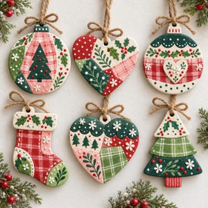 May include: Six ceramic Christmas ornaments featuring festive shapes including spheres, hearts, a stocking, and a tree. Each piece is decorated with red, green, and white patterns, including plaid, holly leaves, berries, and small white flowers, all hung with twine.