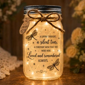 Könnte beinhalten: Ein klares Einmachglas aus Glas mit silbernem Metalldeckel, umwickelt mit Bindfaden und einem kleinen ovalen Anhänger mit der Aufschrift FOR YOU. Das Glas ist von innen mit warmen Lichterketten beleuchtet und trägt den schwarzen Text: A LOVING THOUGHT, a silent tear, A CONSTANT WISH THAT YOU WERE HERE. Loved and remembered ALWAYS, sowie zwei Libellen-Illustrationen.