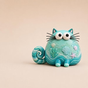 May include: A whimsical, turquoise cat figurine with large, googly eyes and black whiskers. The cat is decorated with ocean-themed elements, including seashells, seaweed, and waves. The curled tail features a swirl pattern. The figurine is set against a neutral background.