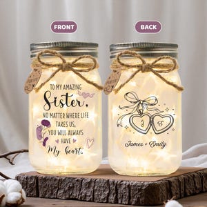 Personalized Sister Mason Jar Light – Double Heart Initials Names Keepsake