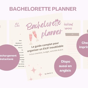 May include: A digital bachelorette planner with a soft pink and white design. The planner includes checklists, budget templates, and activity planning pages. Text includes "Bachelorette Planner" and "Instant Download."