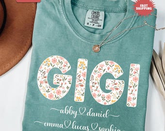 Comfort Colors® Personalized Gigi Shirt with Grandkids Names, Floral Gigi T-Shirt, Custom Kids Names Grandma Shirt, Mimi Gifts, Grandma Tee