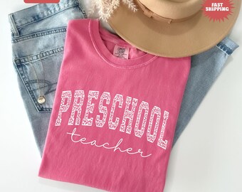 Comfort Colors® Preschool Teacher Shirt, Leopard Pre-K Teacher Shirt, Teacher Appreciation Gift, Preschool Teacher Crew T-shirt,Teacher Team