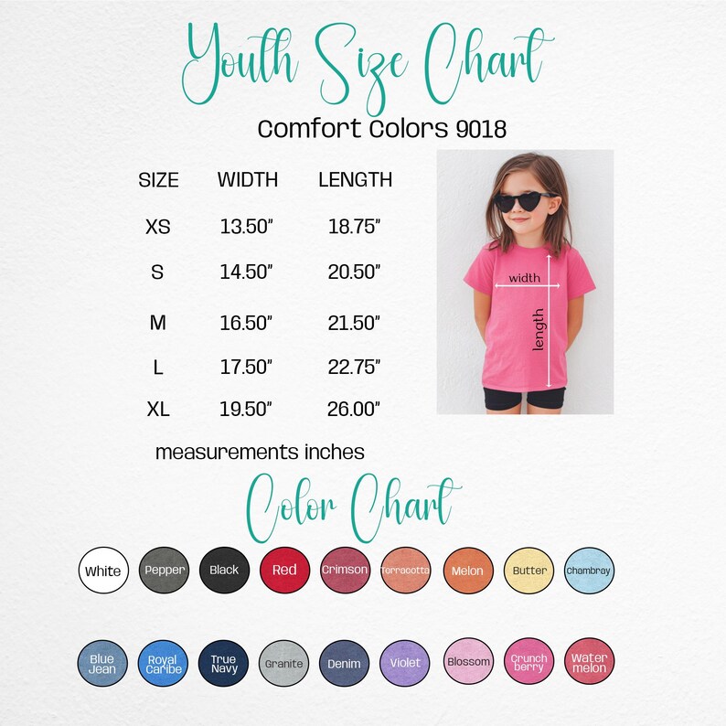K&ouml;nnte beinhalten: Eine Gr&ouml;&szlig;entabelle f&uuml;r Kinder mit Ma&szlig;en in Zoll f&uuml;r Comfort Colors 9018 Shirts. Die Tabelle enth&auml;lt die Gr&ouml;&szlig;en XS bis XL mit den entsprechenden Breiten- und L&auml;ngenma&szlig;en. Eine Farbkarte zeigt verschiedene Hemdfarben, darunter Wei&szlig;, Schwarz und Rot.