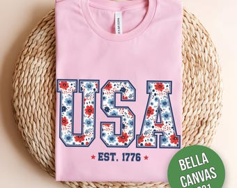 Bella Canvas USA Shirt, 4th of July Shirt, Floral Usa Tee, USA 1776 Shirt, Girly 4th of July Shirt Patriotic Women Shirt, Flower USA Shirt