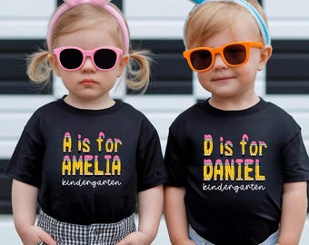 Maglietta personalizzata per bambini con scritta "Back to School", maglietta personalizzata con alfabeto per bambini, maglietta carina per l'asilo, maglietta per il primo giorno di scuola, maglietta con nome per il ritorno a scuola