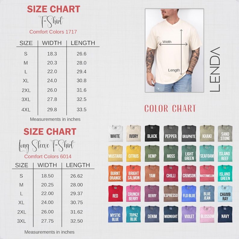 K&ouml;nnte beinhalten: Gr&ouml;&szlig;entabelle f&uuml;r Comfort Colors T-Shirts und Langarmshirts, mit Ma&szlig;en in Zoll. Die Farbkarte zeigt eine Vielzahl von Hemdfarben, darunter Wei&szlig;, Schwarz und verschiedene Blau-, Gr&uuml;n- und Oranget&ouml;ne.