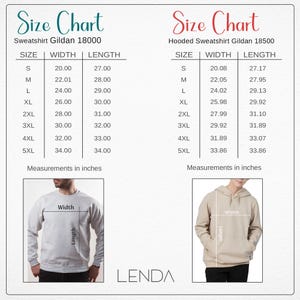May include: Size charts for Gildan 18000 sweatshirt and Gildan 18500 hooded sweatshirt, with measurements in inches. Includes width and length for sizes S to 5XL. The brand name "LENDA" is at the bottom.