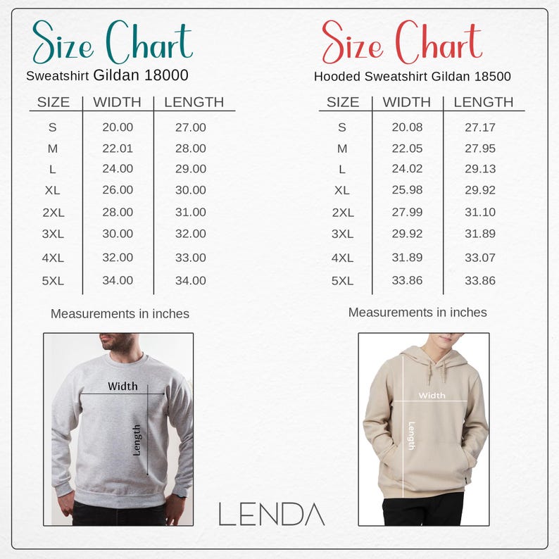 May include: Size charts for Gildan 18000 sweatshirt and Gildan 18500 hooded sweatshirt, with measurements in inches. Includes width and length for sizes S to 5XL. The brand name "LENDA" is at the bottom.