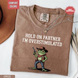 May include: Espresso-colored t-shirt with the text "HOLD ON PARTNER I'M OVERSTIMULATED" and a cartoon frog wearing a cowboy hat and holding a gun. The shirt has a crew neck and short sleeves. A silver necklace with a pendant is draped across the shirt.