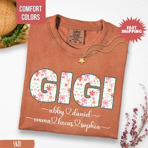 Comfort Colors® Personalized Gigi Shirt with Grandkids Names, Floral Gigi T-Shirt, Custom Kids Names Grandma Shirt, Mimi Gifts, Grandma Tee
