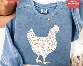 Comfort Colors® Floral Huhn Sweatshirt, Huhn Mama Pullover, Tierliebhaber Sweatshirt, Huhn lustiges Sweatshirt, Bauernhof Sweatshirt, Pullover