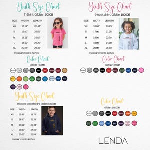 May include: A youth size chart for t-shirts, sweatshirts, and hooded sweatshirts, with measurements in inches. Color charts are also included, showing various color options for Gildan brand apparel. The brand name "LENDA" is at the bottom.