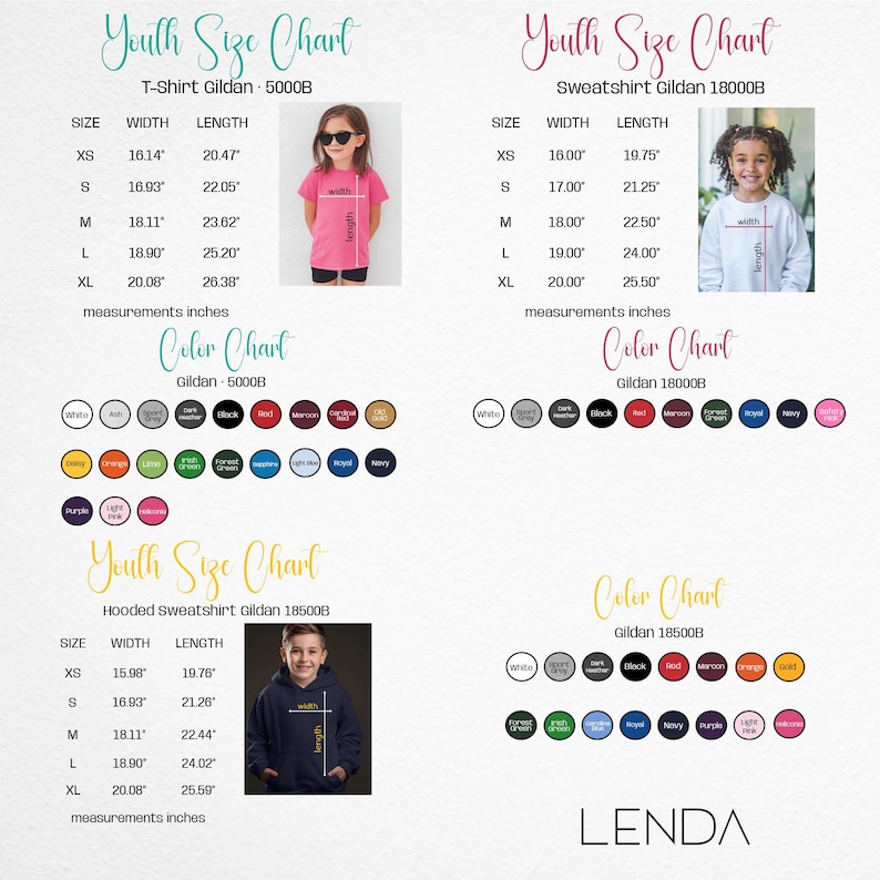 May include: A youth size chart for t-shirts, sweatshirts, and hooded sweatshirts, with measurements in inches. Color charts are also included, showing various color options for Gildan brand apparel. The brand name "LENDA" is at the bottom.