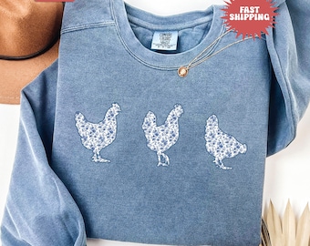 Comfort Colors® Toile Blumen-Huhn-Sweatshirt, Huhn-Liebhaber-Geschenk für Huhn-Dame, Huhn-Mama-Pullover, Bauernhof-Geschenke, verrücktes Huhn-Lady-T-Stück