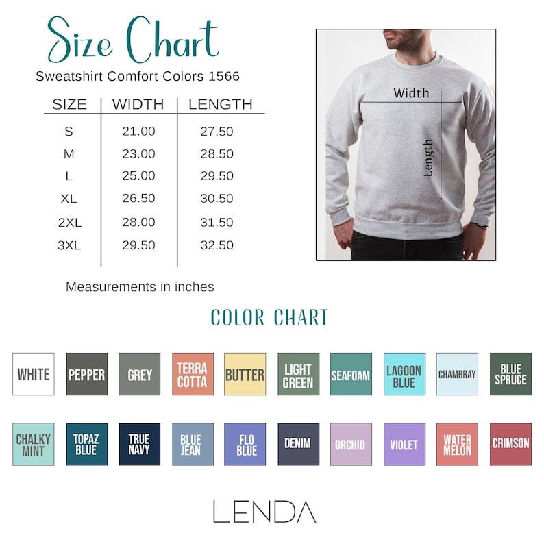 K&ouml;nnte beinhalten: Gr&ouml;&szlig;entabelle f&uuml;r Sweatshirts mit Ma&szlig;en in Zoll. Die Tabelle umfasst die Gr&ouml;&szlig;en S bis 3XL mit entsprechenden Breiten- und L&auml;ngenma&szlig;en. Eine Farbkarte zeigt verschiedene Farben, darunter Wei&szlig;, Grau und Blau. Der Markenname "LENDA" steht unten.