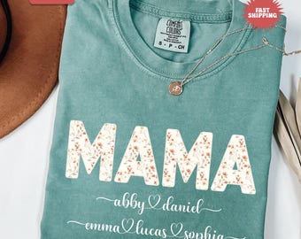 Camiseta personalizada para mamá con nombres de niños, camiseta floral para mamá, camiseta personalizada para mamá con nombres de niños, camiseta personalizada para mamá, regalo personalizado para mamá, camiseta para mamá
