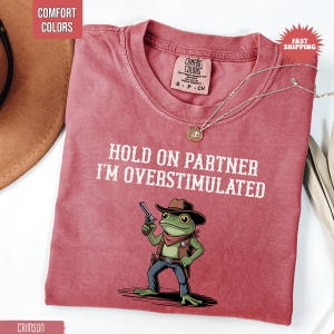 May include: Crimson Comfort Colors t-shirt with the text "HOLD ON PARTNER I'M OVERSTIMULATED" and a cartoon frog wearing a cowboy hat and holding a gun. A gold necklace is draped across the shirt.