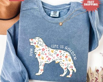 Comfortkleuren Golden Retriever-sweater, Wildflowers Golden Mama-trui, Custom Golden Retriever-sweatshirt, hond ronde hals, hondenliefhebber cadeau