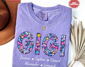 Comfort Colors® Gigi Shirt, Personalized Gigi Shirt with Grandkids Names, Floral Grandma T-shirt,Mimi Gift,Custom Gigi Shirt With Kids Names