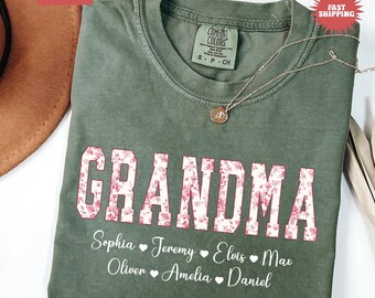 Comfort Colors® Personalized Grandma Shirt with Grandkids Names, Pink Toile Floral Grandma T-Shirt, Gigi Gift, Custom Kids Names Grandma Tee