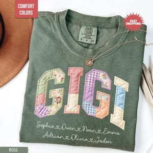 孫の名前が入ったジジのフェイクパッチワークシャツ、花柄ミミTシャツ、ジジギフト、おばあちゃんの名前入りおばあちゃんシャツ、ミミTシャツ