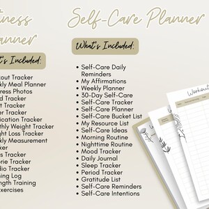 May include: A fitness and self-care planner with a beige background. The left side lists fitness tracking options, and the right side lists self-care prompts. The planner includes a workout tracker and other pages.