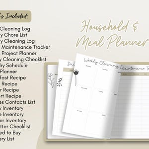May include: A household and meal planner with a light beige cover. The planner includes pages for daily cleaning, weekly chores, meal planning, and more. The text "Household & Meal Planner" is written in a script font.