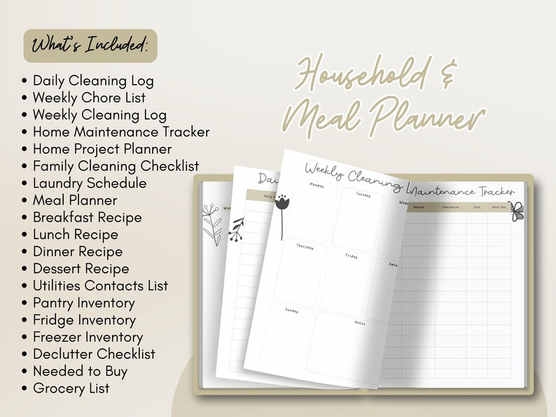 May include: A household and meal planner with a light beige cover. The planner includes pages for daily cleaning, weekly chores, meal planning, and more. The text "Household & Meal Planner" is written in a script font.