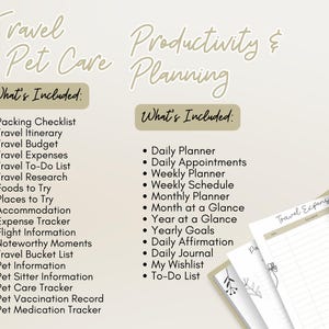 May include: A planner with sections for travel and pet care, and productivity and planning. The image shows lists of included items such as packing checklists, travel itineraries, and daily planners. The text is in a handwritten style.