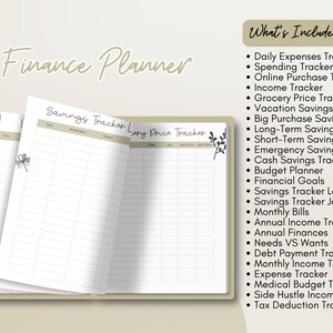 May include: A finance planner with the title "Finance Planner" in a handwritten font. The planner includes pages for savings tracking and expense tracking. The image also lists the contents of the planner, including trackers for expenses, income, and savings.