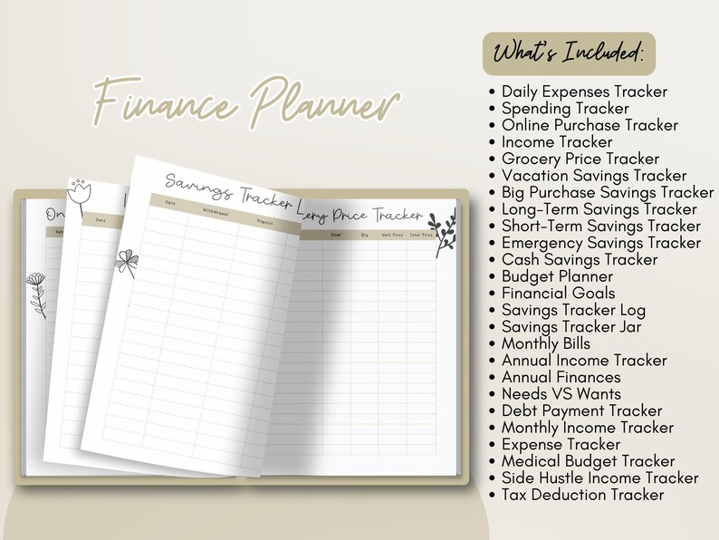 May include: A finance planner with the title "Finance Planner" in a handwritten font. The planner includes pages for savings tracking and expense tracking. The image also lists the contents of the planner, including trackers for expenses, income, and savings.