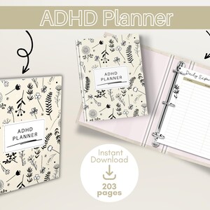 May include: An ADHD planner with a floral design. The planner is available in three formats: a spiral-bound notebook, a softcover book, and a binder with a daily expenses tracker. The cover of the planner has the text "ADHD Planner".