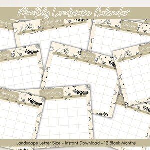 May include: A collection of beige monthly landscape calendars with floral and leaf designs. Each calendar displays a different month, with the text "Monthly Landscape Calendar" at the top. The bottom text reads "Landscape Letter Size - Instant Download - 12 Blank Months."