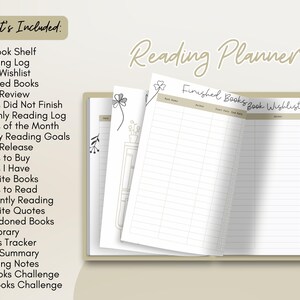 May include: A beige Reading Planner with the text "Reading Planner" and "Finished Books Book Wishlist". The planner includes sections for tracking books, reading goals, and favorite quotes. The planner also includes a list of what's included.