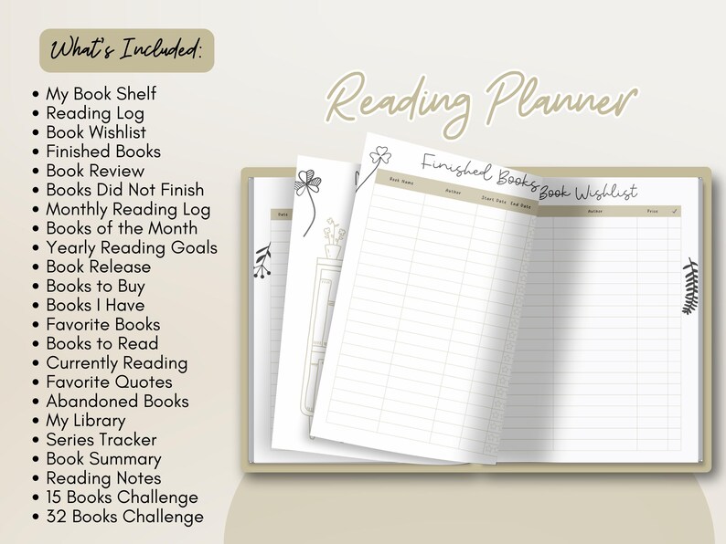 May include: A beige Reading Planner with the text "Reading Planner" and "Finished Books Book Wishlist". The planner includes sections for tracking books, reading goals, and favorite quotes. The planner also includes a list of what's included.