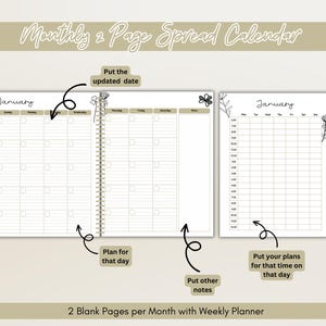 May include: A two-page monthly planner with a weekly layout. The left page features a calendar grid, while the right page offers a schedule view. Both pages have floral accents and prompts for notes. The text "Monthly 2 Page Spread Calendar" is at the top.