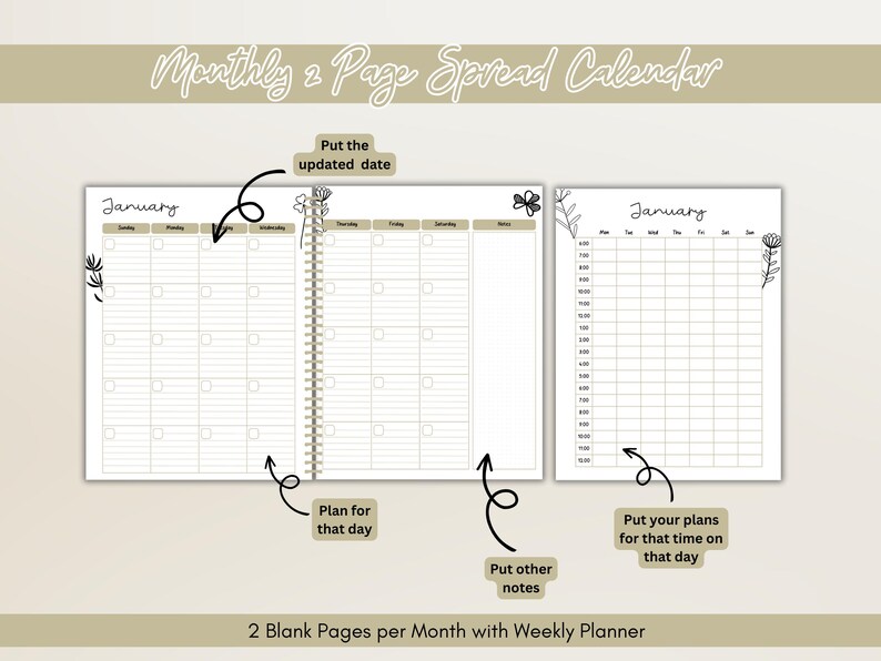 May include: A two-page monthly planner with a weekly layout. The left page features a calendar grid, while the right page offers a schedule view. Both pages have floral accents and prompts for notes. The text "Monthly 2 Page Spread Calendar" is at the top.