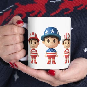 Patriotic Character Ceramic Mug - Perfect for Fourth of July, Gift for Kids, Coffee Lover, Fun Drinkware, Red White & Blue Design